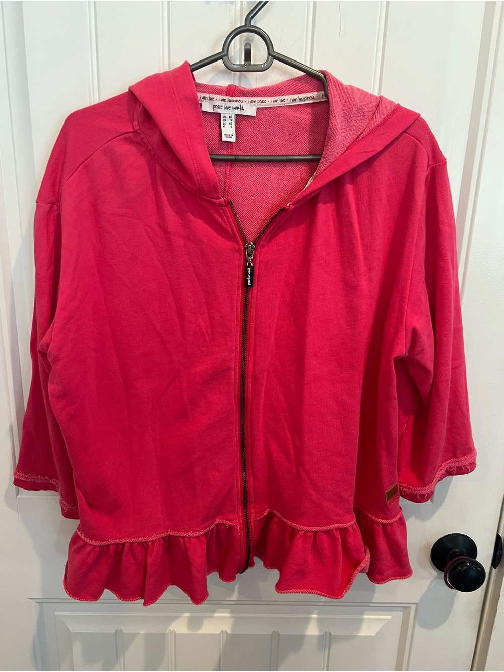 Peace Love World Hot Pink Ruffle Hem Hoodie zip front sweatshirt XS 3/4 sleeve